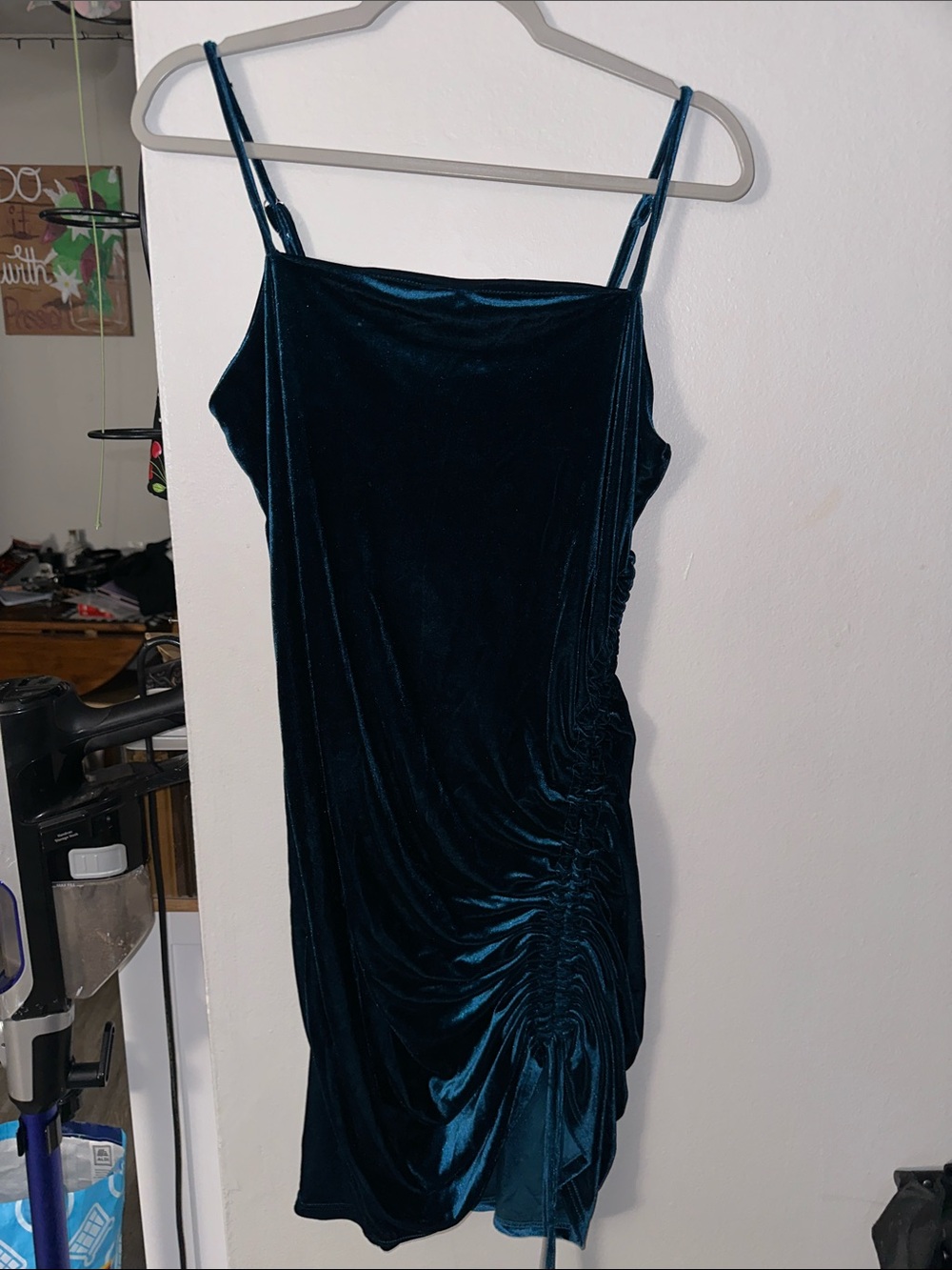 SHEIN Dark Teal Velvet Ruched Spaghetti Strap Mini Dress